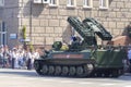 Donetsk, Donetsk People Republic, Ukraine - June 24, 2020: The Strela anti-aircraft missile systems moves along Artyoma Street
