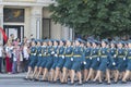 Donetsk, Donetsk People Republic, Ukraine - June 24, 2020: Women from the Ministry of Emergencies in full dress march along the