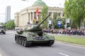 Donetsk, Donetsk People Republic, Ukraine - May 9, 2018: Soviet tank T-34 rides along the street Artem during the