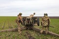 War in Ukraine. Ukrainian Armed Forces artillerymen in combat position