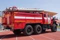 Donetsk, Ukraine - April 29, 2017: Fire truck at the stadium during a fire crossfit