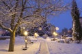 Donetsk, Ukraine. 2020, January 7. Christmas. Scenic view of the snowy fir trees and the temple from the park area of