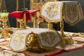 Donetsk, Ukraine. 2020, January 7. Holy Communion. Golden Chalices with the sanctified Body and Blood of Christ on the Royalty Free Stock Photo