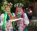 Donetsk, Ukraine - 26 July, 2013: Girls in national costumes prepare to welcome miners Donetsk Coal Energy Company with extracted