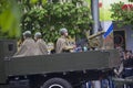 Donetsk, Ukraine - May 9, 2017: Reconstructors in the form of soldiers of the Red Army with a machine gun Royalty Free Stock Photo