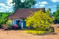 Scenic spring house morning with apricot trees bloom in front of attracting people to wish a happy Lunar New Year Royalty Free Stock Photo