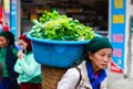 VAN, HA GIANG, VIETNAM, November 18th, 2017: Unidentified H`mong ethnic minority women carry with vegetables. Ha Giang stone.