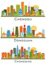 Dongguan, Chongqing and Chengdu China city Skyline set with Color Buildings isolated on white