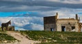 donkey with abandoned house, path and blue sky