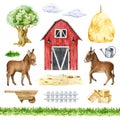 Donkey animal, farm elements hand drawn set. Watercolor illustration. Red barn, foal, fence, hay, grass, wheel barrow Royalty Free Stock Photo