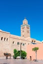 Donkey and Cart in front of the Minaret of Koutoubia Mosque in Marrakesh Morocco Royalty Free Stock Photo