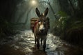 A donkey carrying a wooden crate down a muddy path. Generative AI image.