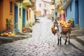 donkey on a cobblestone path with fruit baskets