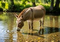 A donkey drinks from a shallow river with clear water, standing among smooth stones. Trees with Royalty Free Stock Photo