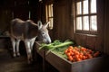 donkey enjoying frosty carrots in a barn Royalty Free Stock Photo