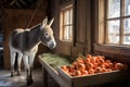 donkey enjoying frosty carrots in a barn Royalty Free Stock Photo