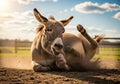 A donkey (Equus asinus) is joyfully rolling on the ground, creating a small dust cloud. The setting Royalty Free Stock Photo