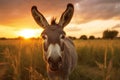 Donkey field sunset farm. Generate Ai Royalty Free Stock Photo