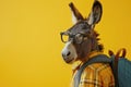 Donkey in glasses as a student with backpack, on yellow background.