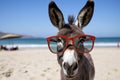 A donkey with glasses on the beach basks in the summer sun on the beach. Animal on warm sand surrounded