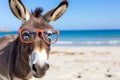 A donkey with glasses on the beach basks in the summer sun on the beach. Animal on warm sand surrounded