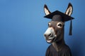 Donkey with graduation hat a stupid smile on solid blue background. ai generative