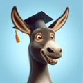 Donkey with graduation hat a stupid smile on solid blue background. ai generative