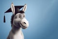 Donkey with graduation hat a stupid smile on solid blue background. ai generative