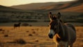 Donkey grazing on grass in rural sunset, cute animal portrait generated by AI