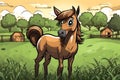 A donkey is grazing in a meadow in a stable at the edge of the forest. Comic style Generative AI