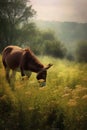 donkey grazing in a peaceful green meadow