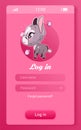 Donkey kids mobile app screen with cartoon kawaii character. Log in, create account smartphone girlish game, social media