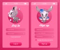 Donkey kids mobile app screen with cartoon kawaii characters avatars. Log in, sign up smartphone girlish game, social media