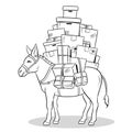 Donkey loaded parcels coloring vector illustration