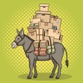 Donkey loaded parcels pop art vector illustration