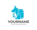 Donkey, milk cans and splash milk, logo design. Dairy farm, milk farm, cattle breeding and stock raising, vector design