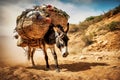 A donkey over burdened with a heavy load, working hard in hot sun Royalty Free Stock Photo