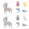 Donkey, owl, kangaroo, shark.Animal set collection icons in cartoon,monochrome style vector symbol stock illustration