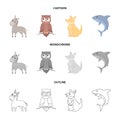 Donkey, owl, kangaroo, shark.Animal set collection icons in cartoon,outline,monochrome style vector symbol stock