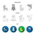 Donkey, owl, kangaroo, shark.Animal set collection icons in flat,outline,monochrome style vector symbol stock