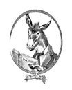 Donkey philosopher character or goat thinker. Hand drawn Animal person portrait. Engraved monochrome sketch for card