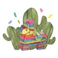 Donkey pinata and three cacti in watercolor