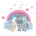 Donkey and rabbit cartoon with happy birthday icon design