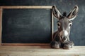 Donkey relaxing near empty blackboard in classroom setting Royalty Free Stock Photo