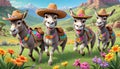 Donkey straw hat caricature green meadow flowers Royalty Free Stock Photo