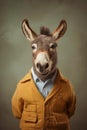 Donkey in schoolboy outfit half - length frontal view