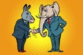 Donkey shakes elephant hand. Democrats Republicans