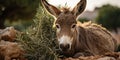 A Donkey sits on a mound and stares with blur tree background High quality photo