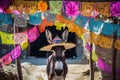 donkey in sombrero standing under strings of papel picado