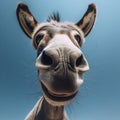 Donkey with a stupid smile closeup, wide angle gopro shot on solid blue background. ai generative